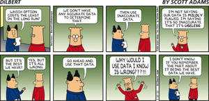 Dois personagens de Dilbert discutem sobre o uso de dados imprecisos em um ambiente de trabalho. — Dilbert Papéis de Parede