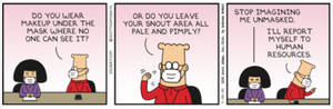 Dois colegas mascarados em uma reunião trocam farpas sarcásticas sobre coberturas faciais. — Dilbert Papéis de Parede