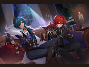 Deux personnages d'anime qui traînent sur un canapé dans une pièce éclairée à la bougie la nuit.