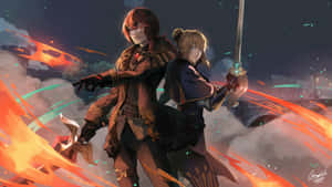 Two anime warriors back-to-back wielding weapons amid fiery energy bursts at night.