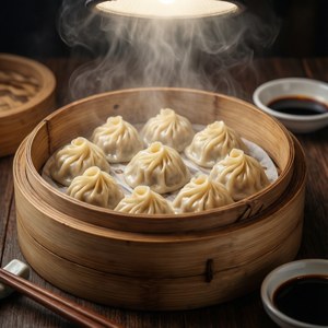 Dampfgefüllter Dim-Sum-Korb mit kunstvollen Teigtaschen und Sojasaucen-Dips.