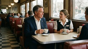 Mitt Romney che chiacchiera in un classico diner americano, gustando un caffè.