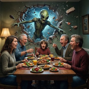 La cena de la familia Smith interrumpida por extraterrestres que atraviesan la pared.