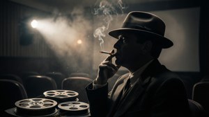 Silhouette eines Filmregisseurs in einem verrauchten Vorführraum der 1940er Jahre mit Projektorstrahl