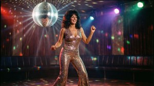 Cher bersinar dalam suasana ruang dansa disko retro.