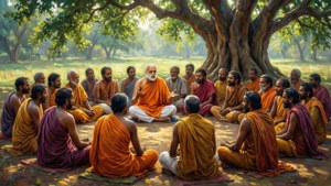Een impressionistisch schilderij van Swami Vivekananda die discipelen onderwijst onder een boom in gevlekt zonlicht