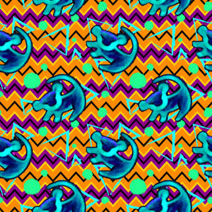 Teal dinosaurie silhuetter på zigzag orange lila bakgrund med neon accenter. — Disney mönster Bakgrundsbilder