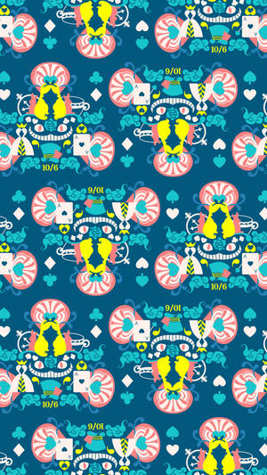 Repeating pattern of playing cards and cartoonish creatures on blue background.