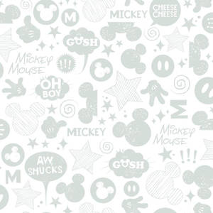 Mint green Mickey Mouse themed wallpaper with speech bubbles and stars.