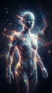 Una figura che si dissolve in particelle di luce rappresenta la trasformazione trascendente.