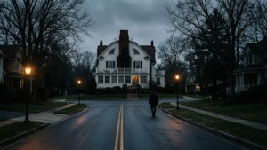Forstads tusmørkeudsigt af Amityville Horror hus med flimrende lys og ensom figur