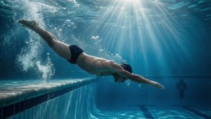 Swimmer diving underwater with bubbles and light rays. — Swimming Wallpaper