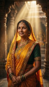 A woman in traditional Indian attire stands in a sunlit temple with stone arches. — Sense8 Wallpaper