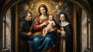 Adegan Barok yang megah dari Maria mempersembahkan bayi Yesus kepada para santo dengan chiaroscuro dramatis