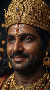 A smiling king in golden crown and jewelry with bokeh background.