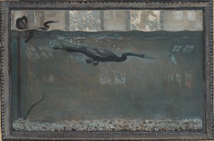 Diving Cormorant by Otto H. Bacher, created 1900, in oil on board. Download this artwork as a high-resolution wallpaper for desktop, tablet, or mobile. — Otto H. Bacher Wallpaper