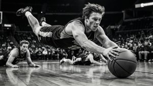 Payton Pritchard dykker etter en løs ball med full innsats.