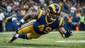 Dynamic action shot of Rams player diving into end zone.