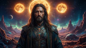 Keilahian di planet alien dengan tiga matahari, pemandangan fiksi ilmiah kosmik