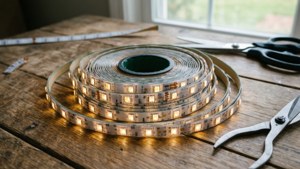 Rulle med LED-strips på træbord med saks, DIY-koncept, dagslys