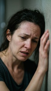 A distressed woman presses her hand against a wall while crying. — Anemic Picture