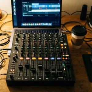 En ærlig top-down-baggrund af en DJ-mixer med bærbar computer og kaffe i et kreativt arbejdsområde