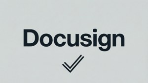 Texto elegante de Docusign con marca de verificación sobre fondo gris.