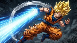 UI Goku ontwijkt een energiestraal met behendigheid.
