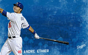 Baseballspieler Andre Ethier schwingt den Schläger in Dodgers-Uniform vor blauem Hintergrund. — Dodgers Players Wallpaper