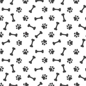 Black paw prints and bones repeating pattern on white background.