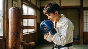 En ung kickboxare bugar respektfullt i en traditionell dojo med varmt naturligt ljus.