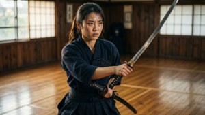 Kasumi Miwa aprimora suas habilidades no dojo, focada e determinada.