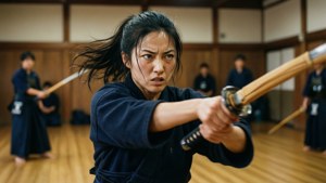 Kasumi Miwa berlatih teknik pedang di dojo tradisional.