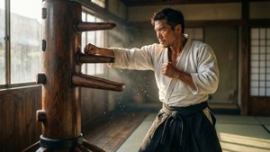 Frank Dux harjoittelee kovasti dojossa hioen kamppailulajitaitojaan.