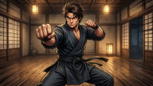To Be Hero X dans une pose d'arts martiaux à l'intérieur d'un dojo japonais traditionnel