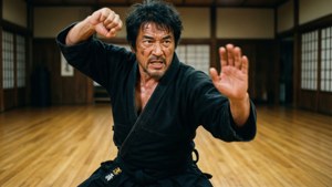 Takeshi Kitano in een vechtsport-dojo