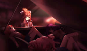 Four anime girls sleeping in a dim red room with one awake. — Doki Doki Picture