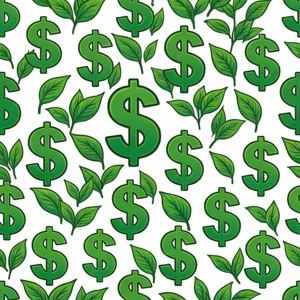 Tanda dolar hijau dan daun dalam pola berulang.