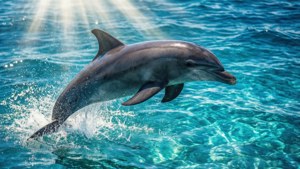 Dolphin jumping out of clear blue ocean water with sunlight shining through.