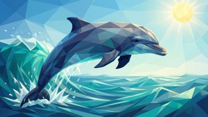 Polygon art wallpaper of a dolphin jumping over geometric ocean waves.