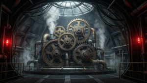 All'interno della cupola con ingranaggi e tubi, industriale e scuro.