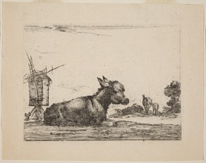Donkey Resting by Stefano della Bella, created 1642, in etching. Download this artwork as a high-resolution wallpaper for desktop, tablet, or mobile. — Stefano della Bella Wallpaper