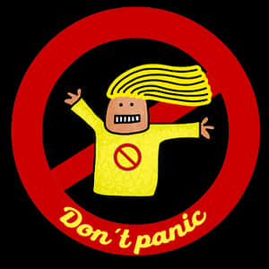 En tecknad person i gul skjorta inuti ett rött förbudstecken med texten 'Don't panic' — Nervösa bilder Bakgrundsbilder