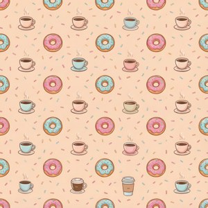 Motif sans couture de beignets, vermicelles et tasses à café sur fond pêche.