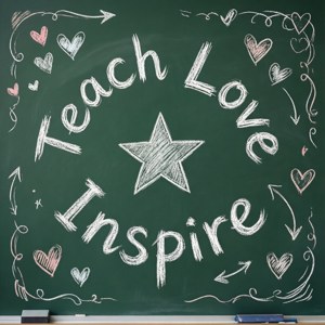 Kreide-Doodle mit Teach Love Inspire in einem Kreis, verspielt und lehrreich.