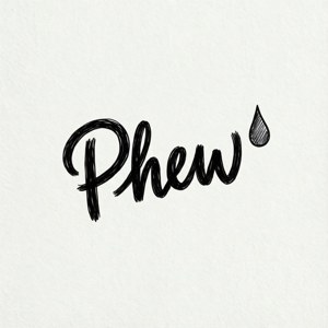 Käsin piirretty 'Phew' hikipisaralla valkoisella.
