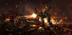 Armored soldier firing weapon at monsters in fiery battlefield — Doom 2016 Picture