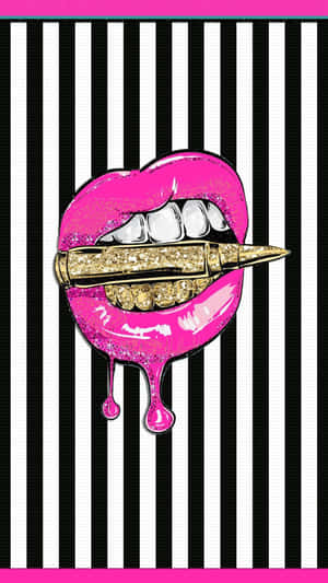 Labios de glitter rosa con grillz de oro mordiendo una bala sobre rayas blancas y negras — Dope Supreme Fondos de pantalla