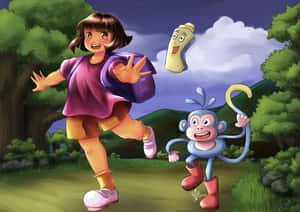 Una niña y su amigo mono corren por un bosque con un plátano volador. — Lindo Doraemon Fondo Fondos de pantalla