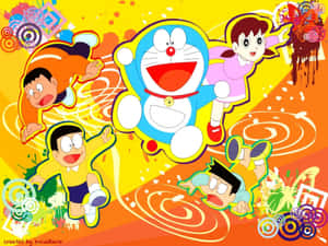 Doraemon and friends leap in joyful motion against a colorful abstract background. — Doraemon 3d Wallpaper